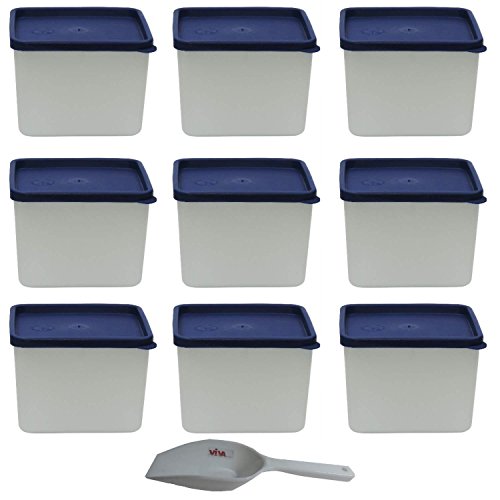 Viva-Haushaltswaren - 9x Gefrierdose für 750 ml, eckige Tiefkühldose- BPA-frei, hergestellt in Deutschland, inkl. einer Einfüllschaufel ca. 18,5 cm