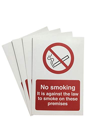 4 Pack No Smoking Signs - It is against the law to smoke on these premises - High Quality Self Adhesive Vinyl Stickers - 150 x 200 mm
