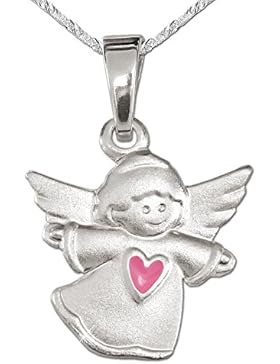 CLEVER SCHMUCK-SET Silberner Anhänger kleiner Kinderengel 11 x 13 mm seidenmatt mit Herz rosa und Kette Singapur...