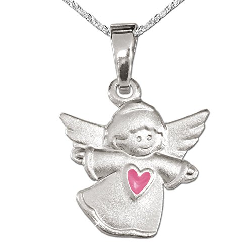 CLEVER SCHMUCK Set Silberner Anhänger Kleiner Kinder Engel 11 x 13 mm seidenmatt mit Herz rosa pink lackiert & Kette Singapur 40 cm Sterling Silber 925 für Mädchen im Etui rosa
