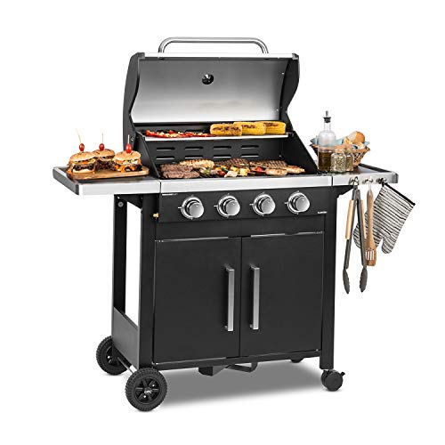 KLARSTEIN Tomahawk 4.0 T - Barbecue à gaz, 4 brûleurs en INOX, 4X 3,2 KW / 932 g/h, Allumage Piézo intégré, Répartition Uniforme de la Chaleur, Thermomètre intégrée, INOX antirouille