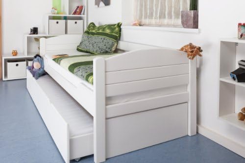 Single bed / Day bed "Easy Furniture" K1/s, incl. trundle bed frame and cover plates, solid beech wood, white painted - 90 x 200 cm