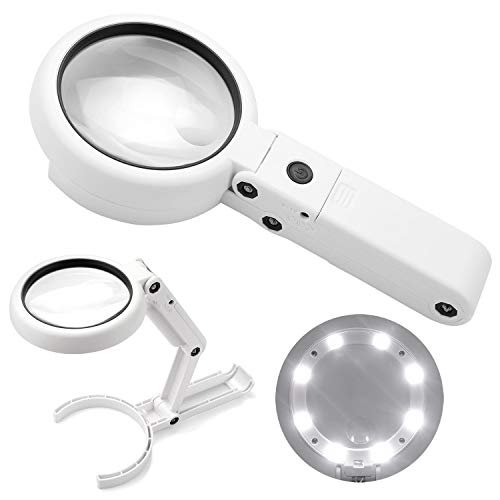 Expower 2 in 1 Lente Ingrandimento Portatile 5X 11X Lente Ingranditore Tascabile con Manico Supporto Pieghevole 8 Led Luce per Anziani Lettura Lavori Manuali Gioielli Orologiai Riparazione Dia. 75mm