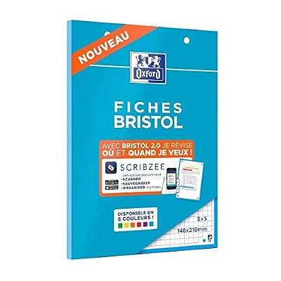 Oxford Bloc de FICHES BRISTOL 2.0 148x210mm perforées petits carreaux 5x5mm 30 fiches cadre Bleu