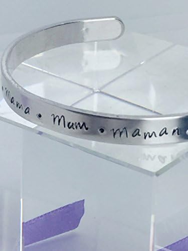 Mum bracelet bangle, mum gift, new mum, expectant mum, mum to be gift, pregnancy gift, mum in different languages, handmade jewellery, adjustable cuff , silver, non tarnish, gift for her, womens thin bangle.