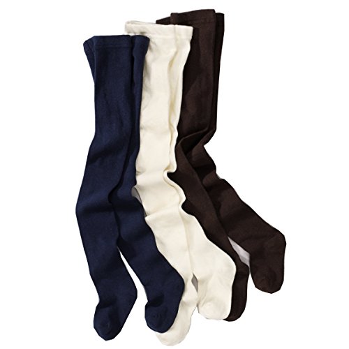 Wellyou Baby And Children's Tights - 3 Pack - Solid Colours, Ecru, Navy, Brown - Size 122-128cm 5-7 Years