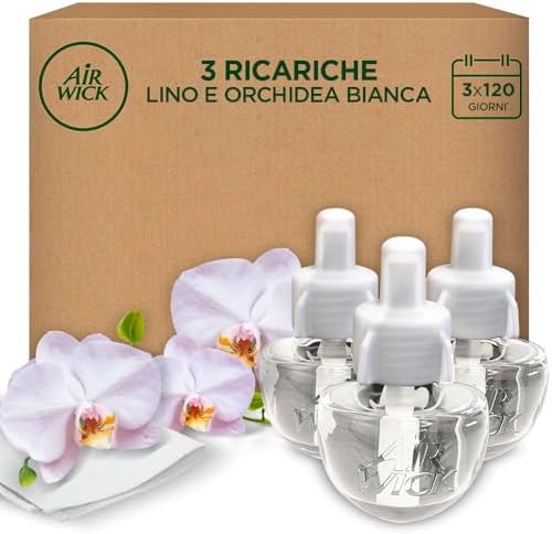 Air Wick Ricarica per Diffusore Elettrico di Oli Essenziali, 3 Ricariche, Fragranza Lino e Orchidea Bianca, 3x19ml