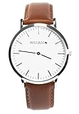 BULLAZO Sencillo, Elegante Herrenuhr Damenuhr, Armband aus Leder, Braun Silber
