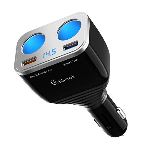 CHGeek Cigarette Lighter Adapter, 80W QC3.0 Dual Cigarette Lighter Splitter USB Power Socket Outlet with Voltage Monitor, On Off Switch, for iPhone, iPad, Android Samsung, GPS,Dashcam, Radar Detector