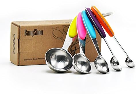 BangShou Measuring Spoons Set 5pc Higher Quality Stainless Steel with Engraved Measurements, Mirror Polished, Upgraded Thick Rainbow Handle