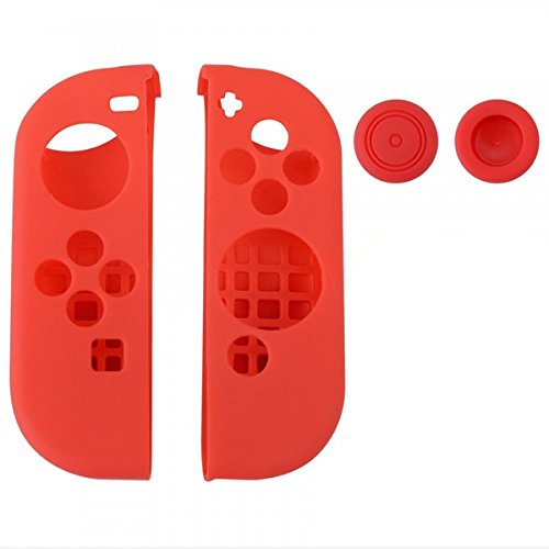 Preisvergleich Produktbild Chickwin Nintendo Switch Silikon Cover Case Gel-Protektoren und 2 Thumb Stick Kappen Protector für Nintendo Switch Joy-Con Controller (Beide Rot)