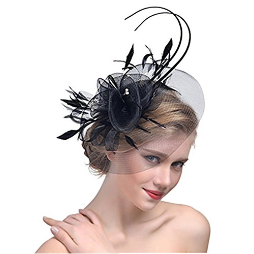 YJZQ Voile Mariage Femme Coiffure Chapeau Mariage Bibi mariage Chapeau Fleur Broche Béret à Pince avec Plume Décoré Accessoire de Cheveux Mini pour Mariage Cocktail et Fête