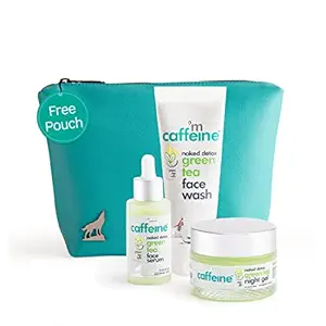 mCaffeine Green Tea Breakout Care Kit with Free Teal Pouch | Mildly Cleanses, Soothes Irritation and Hydrates the Face from AM to PM | Pack of 3