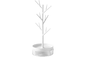 HCLRW Rotating Jewelry Tree Stand, 3 in1 Jewelry Organizer, Necklace Stand Display with Acrylic Tray for Earrings Necklaces Bracelets Watches and Rings -14.56 Inch High（White）