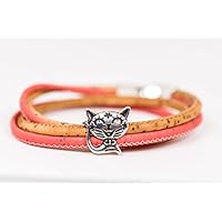 Wickelarmband aus Naturkork in hellbraun & rosa Set mit Ring Katze Geschenk für sie