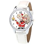 Luckhome Damenuhr Armbanduhr Analog Quarz Mit Weihnachten Diamant Lederband Vogue Armbanduhren GIF Weihnachtsuhr Weihnachtsmann Gürtel Uhr Mode(Weiß)