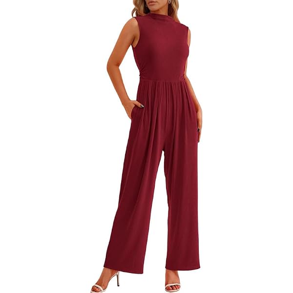 Combinaison Femme été Sans Manches - Col Mock - Taille Haute - Jambes Larges Avec Poches