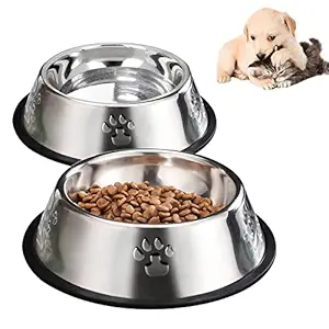 YUDANSI 2 Stainless Steel Dog Bowls, Puppy Cat Feeding Bowls, Cat Plate Bowls with Rubber Base, Mini and Small Pet Feeder Bowls and Water Bowls (XS-7oz)