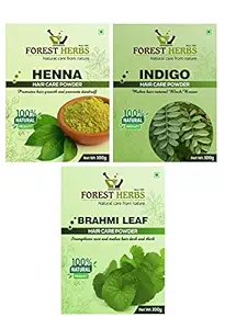 The Forest Herbs 100% Organic Henna, Indigo, Brahmi Leaf Powder For Hair Colour Mask & Pack Of 3 Each 100Gms