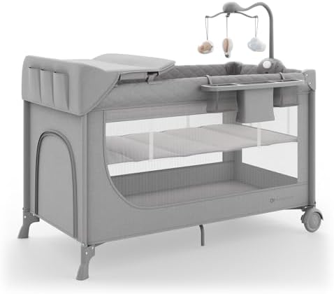 Kinderkraft LEODY UP, lettino e lettino da viaggio 2 in 1, box sicuro, chiusura rapida, 2 livelli del fondo, ruote con blocco, ingresso laterale con zip, Grigio