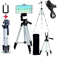 Marklif®Adjustable Aluminium Alloy Tripod Stand Holder for Mobile Phones, 360 mm -1050 mm, 1/4 inch Screw with 3.5mm Clip On Mini Lapel Lavalier Microphone (Black)