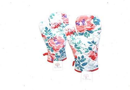 Handpix Kitchen Cooking Apron Oven Gloves Mitt Tea Towel Linen Sets Floral Coral Bliss Design For Men Women Chef Sold Separately Or Sets (one pack of two single oven gloves)