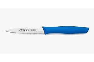 Arcos Couteau Mondador Serrated - Acier Inoxydable NITRUM 100 mm - Pour Fruits et Légumes - Manche Antidérapant Bleu - Série Nova