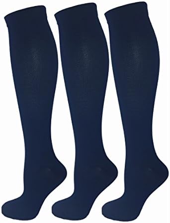 3 Pair L/XL Ladies Compression Socks, Moderate/Medium Compression 15-20 mmHg. Muscle Soreness, Post-Surgery, Maternity, Running, Football, Nurses, Travel &amp; Flight Knee-High Stockings. Navy Blue