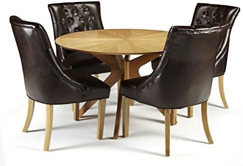 Bexley Rounded Oak Wood Finished Dining Table and 4 Brown Hampton Bonded Leather Dining Chairs Ideal Dining Sets for Classy Kitchens, Modern Dining Rooms &amp; Contemporary Restrurants