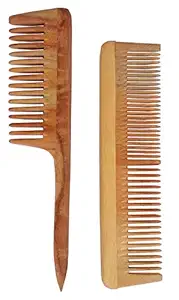 ECOPAL - Handmade Natural Pure Healthy Neem Wooden Comb Wide Tooth for Hair Growth,Anti-Dandruff Comb For Women And Men - PACK OF 2 (TAIL,DOUBLE)