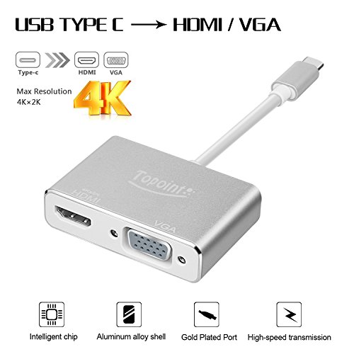 USB 3.1 Typ C auf HDMI VGA Adapter, Topoint Typ C (USB-C, Thunderbolt 3 Kompatibel) auf VGA HDMI (4Kx2K) 2 in 1 Adapterkabel Konverter für Macbook / Chromebook Pixel / Microsoft Lumia 950XL