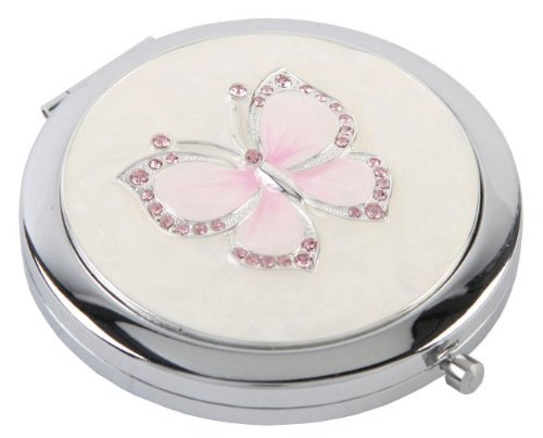 Silverplated Ladies Compact Mirror With Pink Butterfly Motif in Sparkling Diamantes - Make a Fantastic Gift