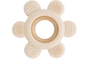 Jané Anneau de Dentition en Silicone et Bois, 6 Textures, Sans BPA, à partir de 3 Mois, Stérilisable, au Congélateur et au Lave-vaisselle, Couleur Beige