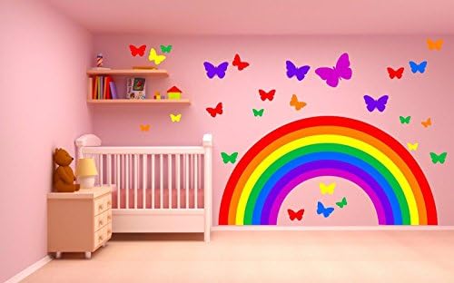 RAINBOW & BUTTERFLIES WALL STICKER KIT decal art nursery cute girl's bedroom colourful multicolour bright (Large sheet - 140cm wide)