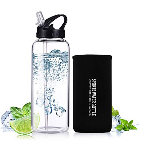 ONEISALL Bottiglia d'Acqua Sportiva, 900ml BPA-Free Bottiglia Vetro Trasparente Portatile con Guaina Protettiva in Neoprene per Il Campeggio Viaggi tè Ufficio, Nero