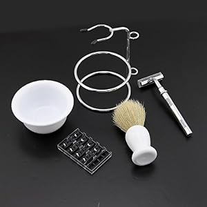Owfeel Portable Men Shaving Set Shaver Beard Brush Kit With Five Razor and Soap Dish Stand Bowl (white) - Image 2