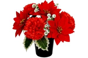 CALIKO Christmas Artificial Flowers for Graves | Red Poinsettia with Chrysanthemums | Cemetery Artificial Grave Flower Pots | Durable Grave Pot for Floral Arrangement Decorations