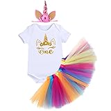 ❤❤ Bebés niñas primer cumpleaños mameluco, falda de tutú arco iris con el corona/bowknot/unicornio diadema 3pcs trajes, impreso con el patrón de la letra, unicornio, u otros patrones lindos.