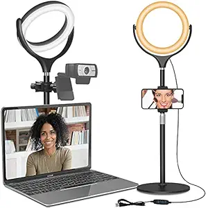 Computer Ring Light for Video Conferencing - Desk Circle Light for Laptop with Adjustable Metal Stand and Phone Holder for Video Recording, Webcam Chat, Makeup, Live Stream, Selfie Photography