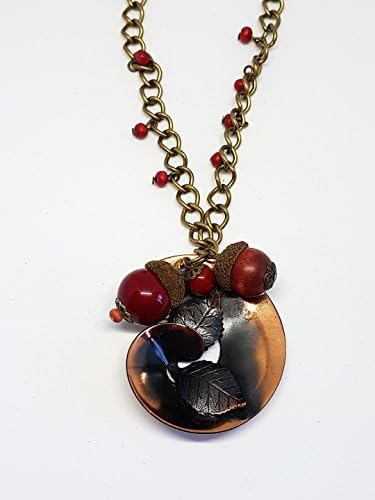 Copper pendant with leaves leaves beads and real English Oak acorn caps on a 20 inch necklace