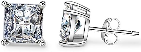Rhodium Plated Sterling Silver Princess Cut Cubic Zirconia Classic Stud Earrings