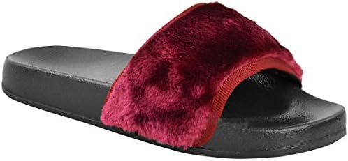 Ladies Furry Rihanna Fenty Inspired Flat Slider Sandals Mules Shoes Size Farrah, Black Sole With Red Fur, 5 UK / 38 EU