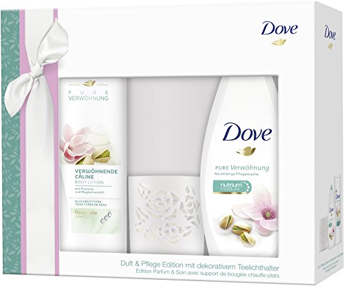 Dove Geschenkset Pflegedusche und verwöhnende Body Lotion Pistazie & Magnolienduft mit Teelicht, 3.85 kg