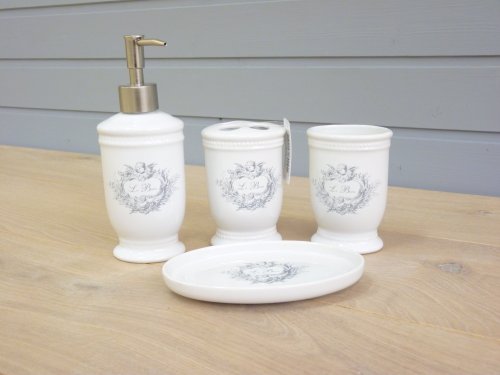Seifenspender Zahnbecher 4er Set Keramik 'Le Bain' mit Engelmotiv Perlendekor