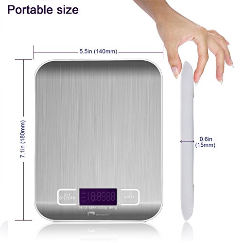 Diateklity praktische digitale Küchenwaage, Messbereichwert: 0~5 Kilogramm, rostfreie Oberfläche – LCD Anzeige, g/oz/lb/ml konfigurierbar - 5