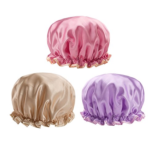 G2PLUS 3PCS Reusable Shower Caps Women's Stylish Spa Cap New Arrival Double Layers Bathing Hat (Champagne, pink, purple)