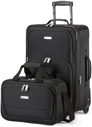 Amazon Basics Set di 2 Bagagli Impilabili, Valigia Espandibile (58 cm) e Borsa in Tessuto (25 cm), Leggeri, 100% Poliestere, Nero