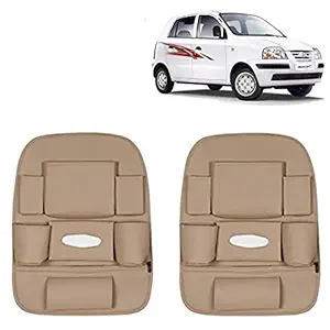 RD Universal PU Leather Car Auto Seat Back Organizer Multi Pocket Travel Storage Bag with Hangers, Tissue Paper and Bottle Holder-Beige Colour Compatible for Hyundai Santro Xing (Pack of 2)