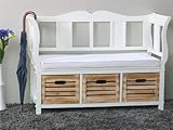 Sitzbank weiss lackiert mit 3 Körbe und Sitzkissen mit Baumwollbezug