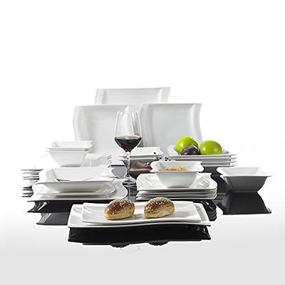 Malacasa Série Flora, 26 Pièces, Service de Table Porcelaine Couvert Vaisselles, 6 Bols, 6 Assiettes à Dessert, 6 Assiettes à Soupe Creuse, 6 Assiettes Plate, 2 Plat Rectangulaire, Art de Table Céramique pour 6 Personnes